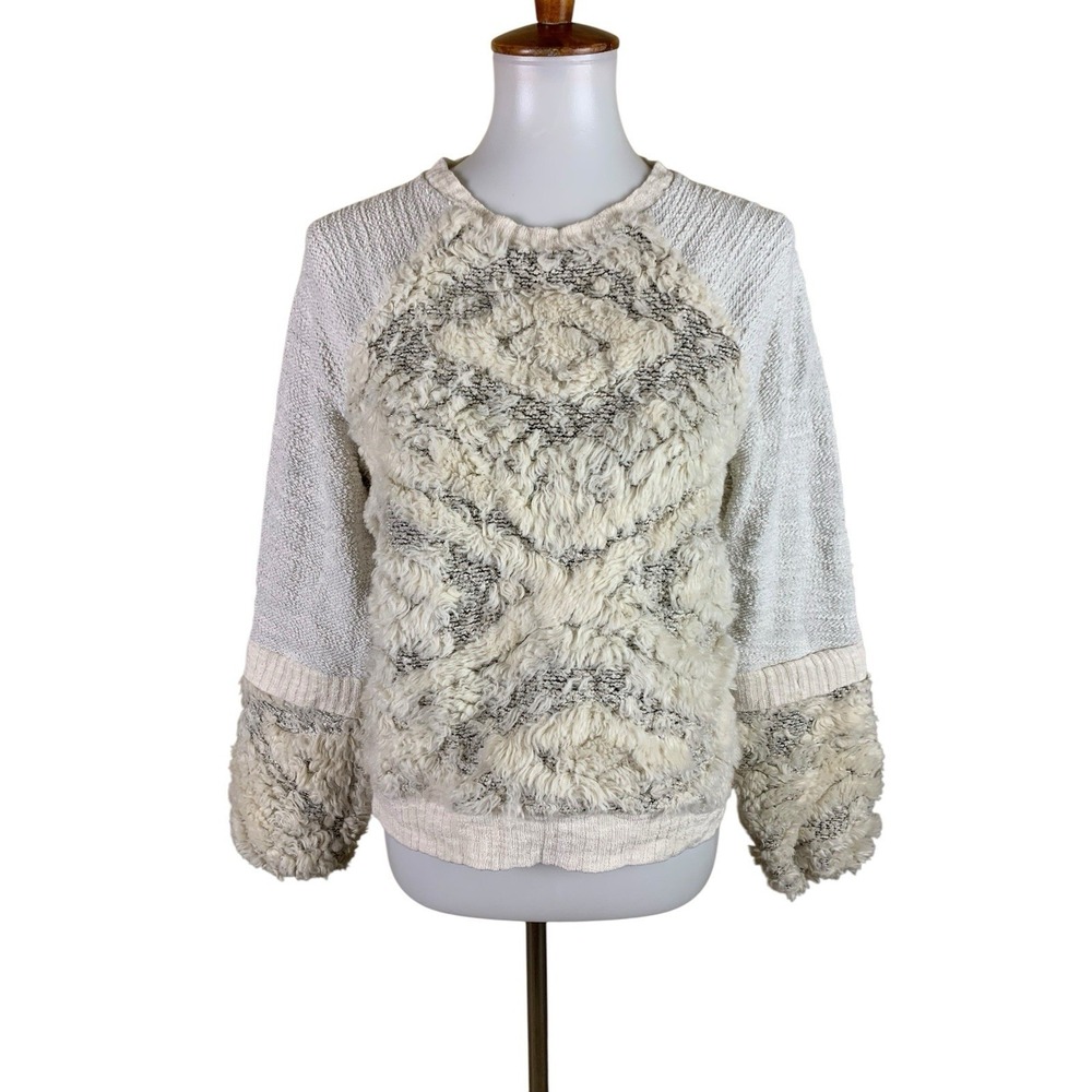 Amadi‎ Textured Faux Fur Knit Sweater Cream Gray Bell Sleeve Pullover Small